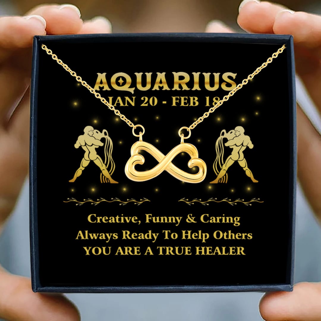1Th. Zodiac Necklace Card Aquarius Infinity Heart Necklace (Gold) 3
