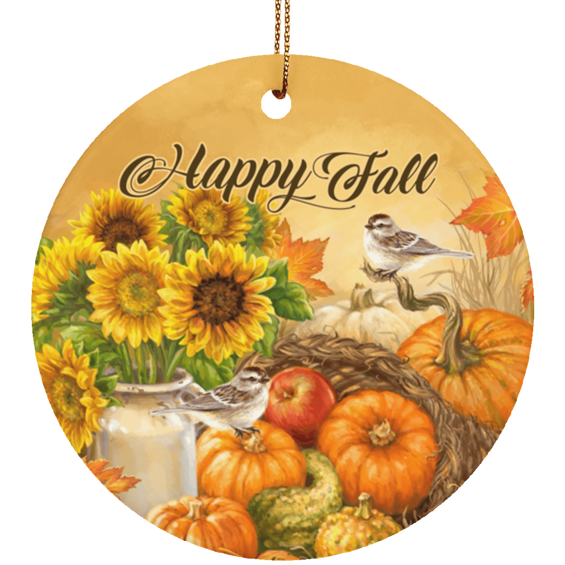 Happy Fall Decorative Ornament - Pumpkin Holiday Flat Circle Porcelain Ceramic Ornament - Decoration Gift, White, Ceramic Circle Ornament