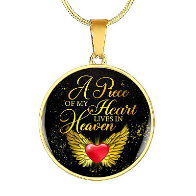 Angel Wings Heart a Piece of My Heart Lives in Heaven Circle Pendant Necklace - Circle Luxury Necklace (Gold Plated)