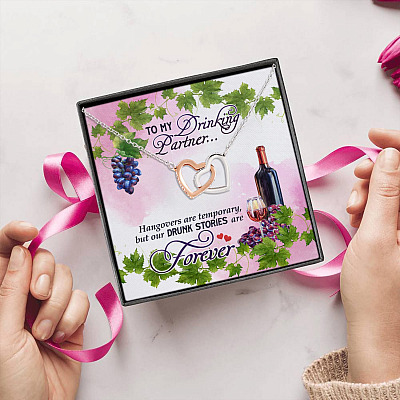 Wine to My Drinking Partner Hangovers Are Temporary Interlocking Hearts Pendant Necklace