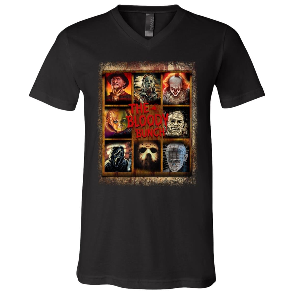 The Bloody Bunch Halloween Character Freddy Michael Penny Chuck-y Horror Movie T-Shirt - V-Neck Shirt, Black, V-Neck T-Shirt