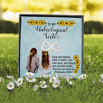 Sunflower to My Unbiological Sister There Are Friends There Is Family Infinity Heart Pendant Necklace