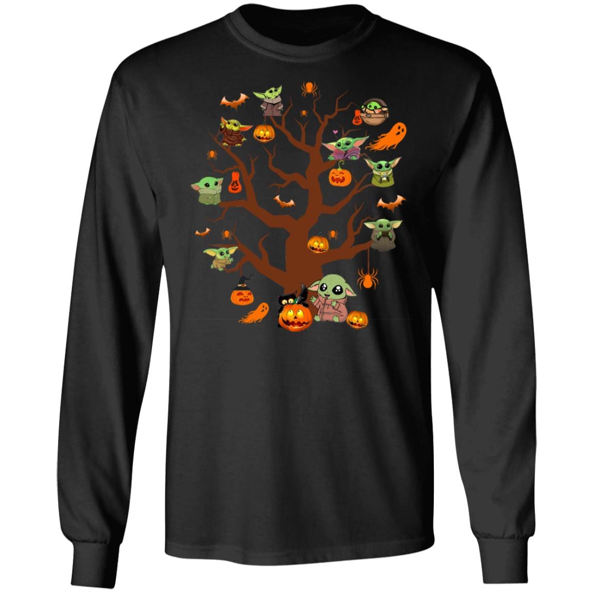 Baby Yoda Halloween Tree And Pumpkin Hoodie - Sweatshirt - Happy Halloween Baby Yoda Long Sleeve Shirt, Black, Long Sleeve
