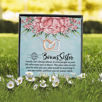 Alternative view of To My Bonus Sister Family Isn't Always Blood It's the People in Your Life Joined Interlocking Hearts Pendant Necklace