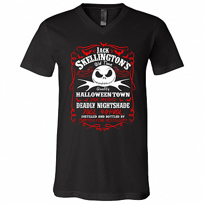 Whiskey Label Jack Skellington Funny The nightmare Before Christmas T-Shirt - V Neck, Black, V-Neck T-Shirt