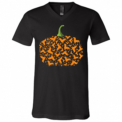 Halloween Pumpkin Dachshund Paws T-Shirt - V-Neck Tee, Black, V-Neck T-Shirt