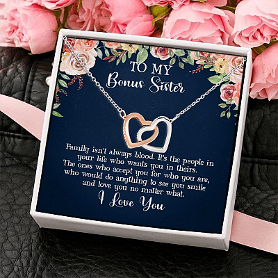Alternative view of To My Bonus Sister Family Isn't Always Blood Joined Interlocking Hearts Pendant Necklace - Bonus Sister Gifts