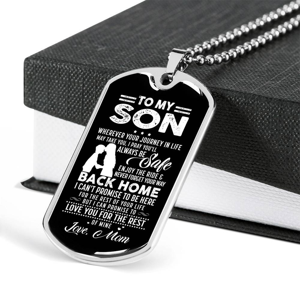 Mom to My Son Wherever Your Journey in Life May Take You I Pray You'll Always Be Safe Dog Tag Pendant Necklace - Dog Tag (Silver)