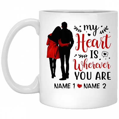 Personalized Couple Gifts My Heart Is Wherever You Are Coffee Mug - Water Bottle - Color Changing Mug, White, 11 oz. White Mug