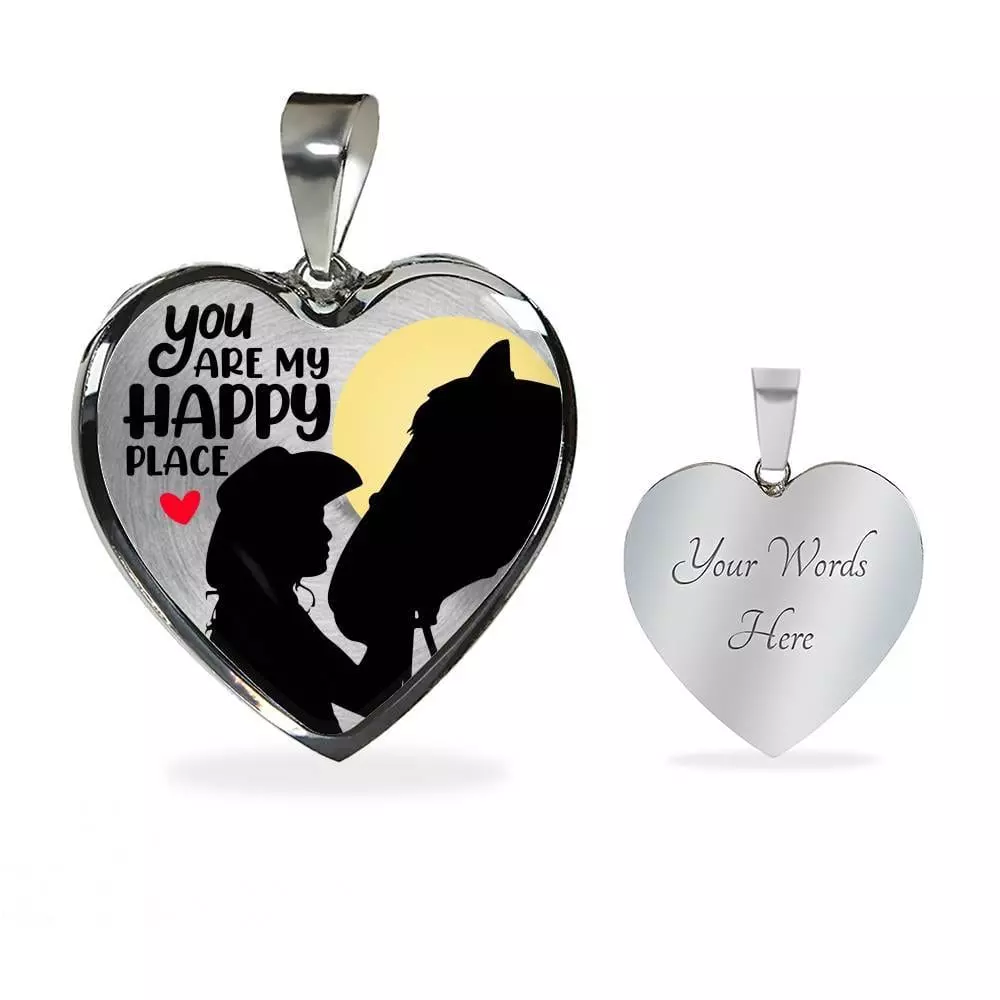 You Are My Happy Place Cowgirl Luxury Heart Pendant Necklace - Horse Lover Gifts - Heart Luxury Necklace (Silver)
