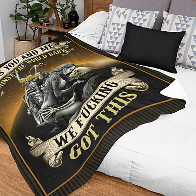 Alternative view of It's You And Me Against The World Baby Skull Biker Rider Fleece Blanket - Couple Biker Premium Sherpa Blanket