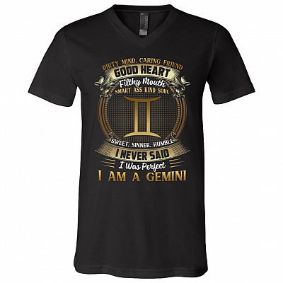 Gemini Dirty Mind Caring Friend Good Heart Filthy Mouth I Never Said I'm Perfect Zodiac T-Shirt - V Neck, Black, V-Neck T-Shirt