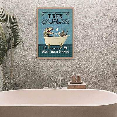 Alternative view of T-Rex Wash Your Hands Bathroom Decor Framed Canvas - Unframed Poster - Funny Wash Your Hands Bathroom Decor