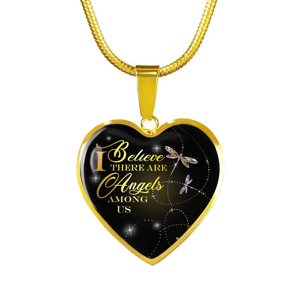 Dragonfly I Believe There Are Angels Among Us Heart Pendant Necklace - Heart Luxury Necklace (Gold Plated)