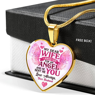 My Dear Wife I Asked God for an Angel He Sent Me You from Husband Heart Pendant Necklace - For Her - Heart Luxury Necklace (Gold Plated)