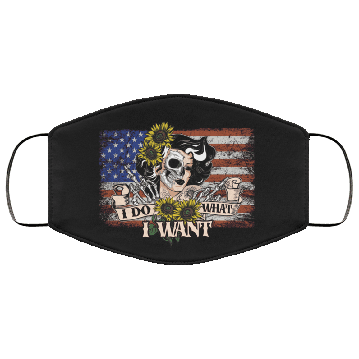 I Do What I Want Skull Women USA Flag Washable Reusable Custom - Printed Cloth Face Mask Cover, Black, Cloth Face Cover – Medium/Large