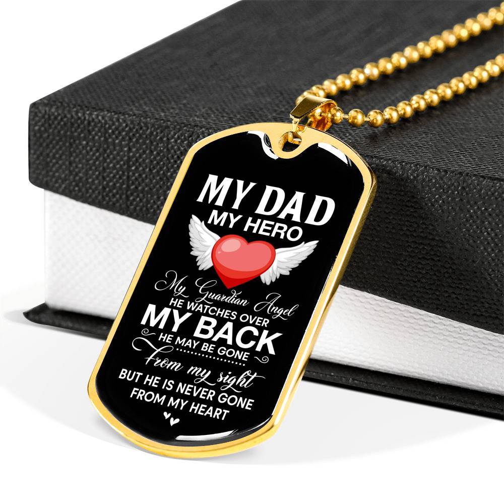 My Dad My Hero My Guardian Angel He Watches Over My Back Dog Tag Pendant Necklace - Dog Tag (Gold Plated)