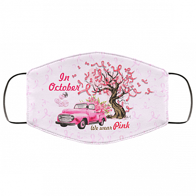 Pink Truck In October We Wear Pink Breast Cancer Awareness Washable Reusable Custom - Cloth Face Mask Cover, White, Cloth Face Cover – Medium/Large