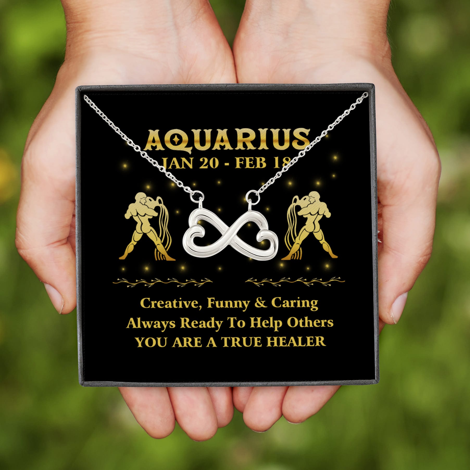 1Th. Zodiac Necklace Card Aquarius Infinity Heart Necklace (Silver)