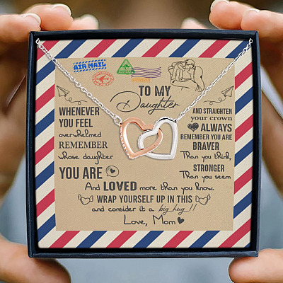 To My Daughter Whenever You Feel Overwhelmed Remember Whose Daughter You Are Interlocking Hearts Pendant Necklace