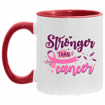 Stronger Than Cancer Ceramic Accent Mug - Colored Coffee Mug - Mug For Breast Cancer Awareness, White/Red, 11 oz. Accent Mug