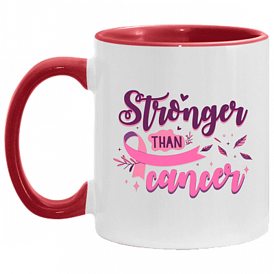Stronger Than Cancer Ceramic Accent Mug - Colored Coffee Mug - Mug For Breast Cancer Awareness, White/Red, 11 oz. Accent Mug