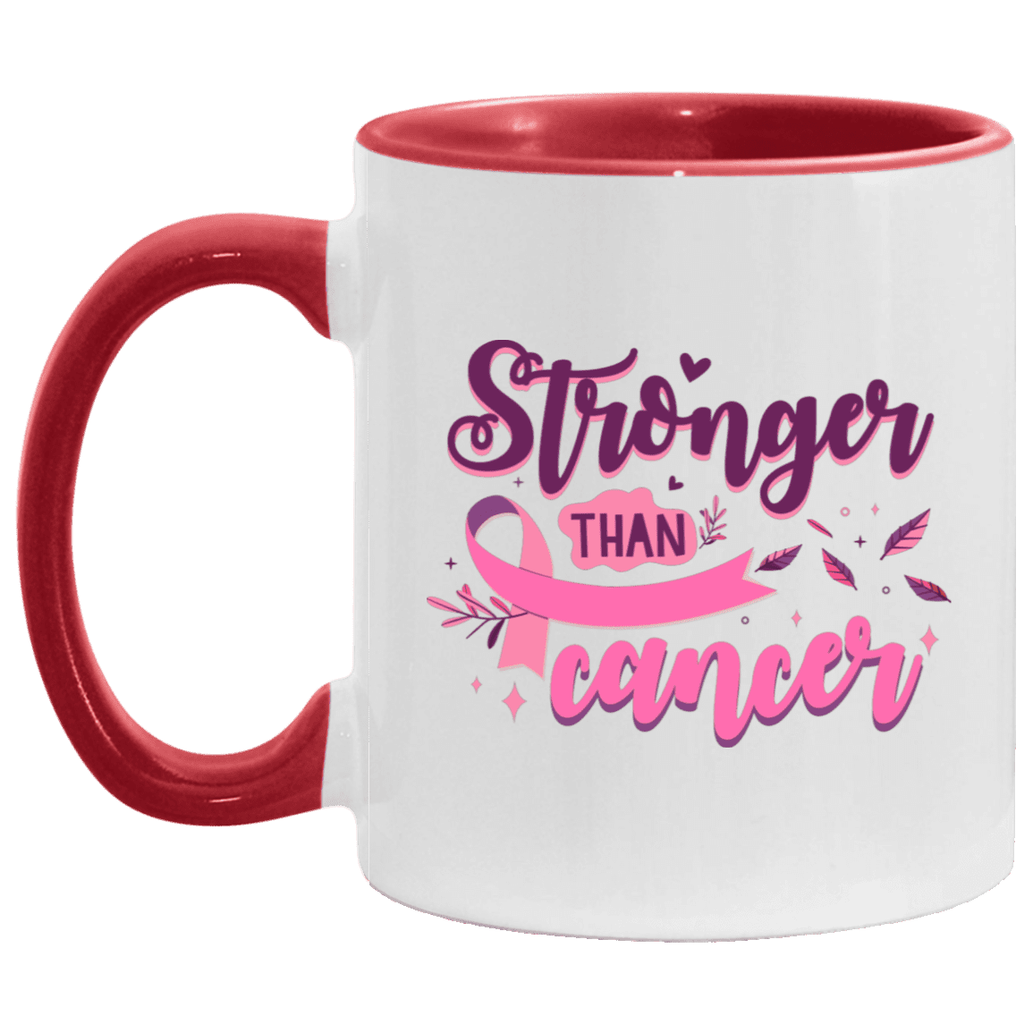 Stronger Than Cancer Ceramic Accent Mug - Colored Coffee Mug - Mug For Breast Cancer Awareness, White/Red, 11 oz. Accent Mug