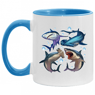 Shark Species Accent Mug - Types Of Sharks Mug, White/Light Blue, 11 oz. Accent Mug