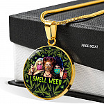 I Smell Weed Hocus Three Witches Pocus Funny Halloween Luxury Circle Pendant Necklace - Circle Luxury Necklace (Gold Plated)