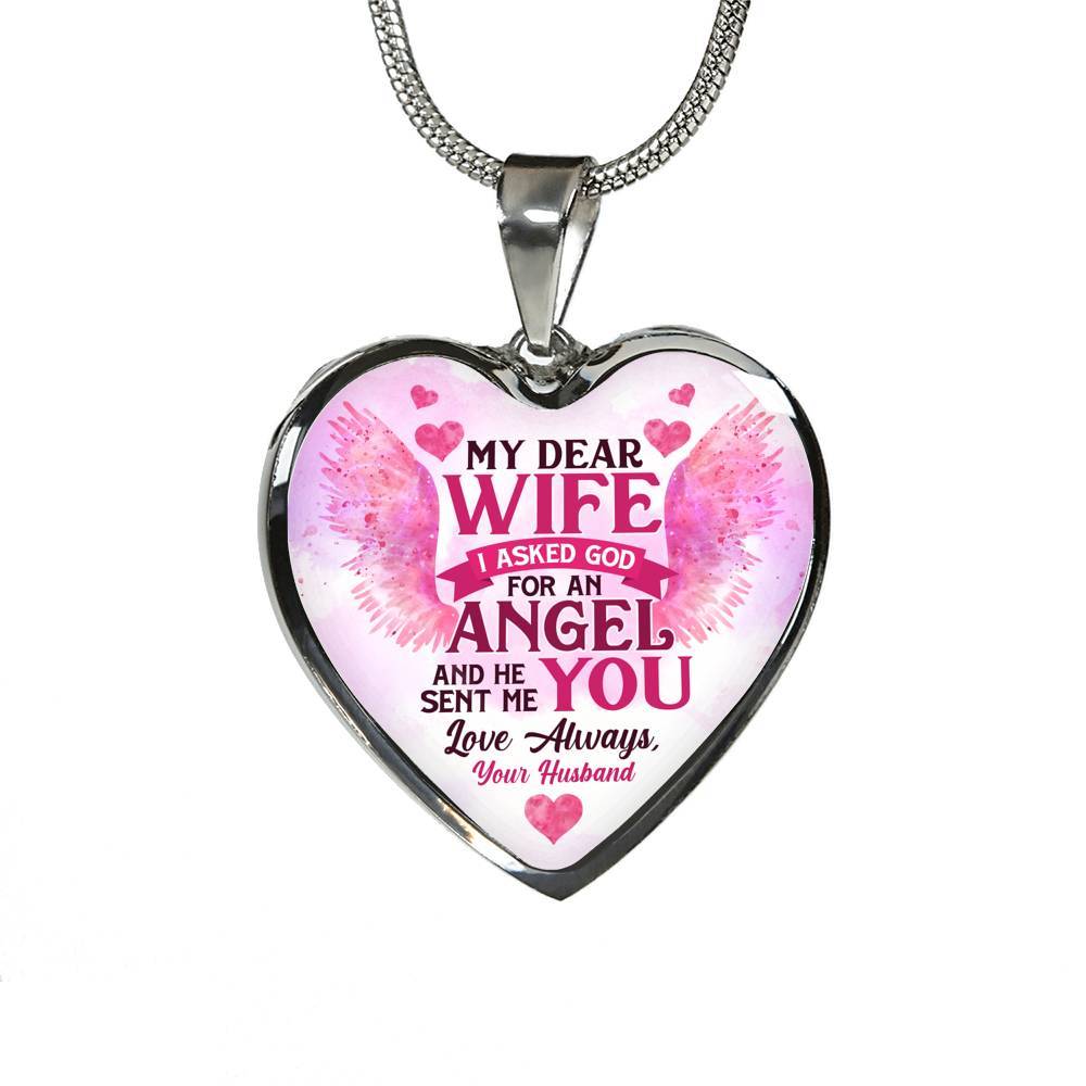My Dear Wife I Asked God for an Angel He Sent Me You from Husband Heart Pendant Necklace - For Her - Heart Luxury Necklace (Silver)