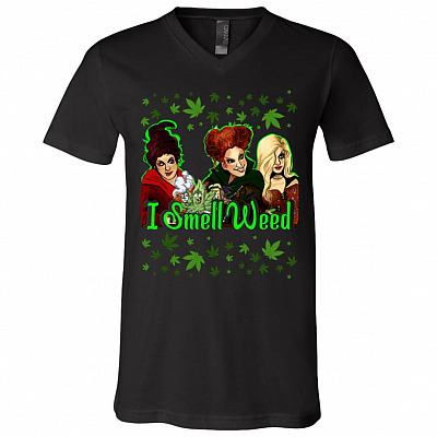 I Smell Weed Hocus Pocus Three Witches Sanderson Sisters T-shirt - V-neck - Funny Weed Shirt For Women, Black, V-Neck T-Shirt