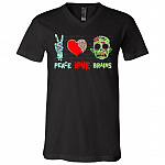 Peace Love Brains Funny Zombie Halloween T-Shirt - V Neck, Black, V-Neck T-Shirt