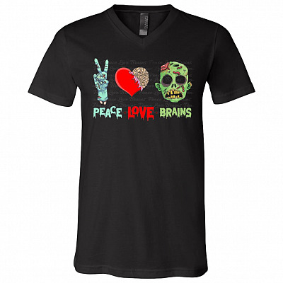 Peace Love Brains Funny Zombie Halloween T-Shirt - V Neck, Black, V-Neck T-Shirt