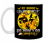 My Broom Broke So Now I Go Camping Funny Witch Halloween Ceramic Coffee Mug - Water Bottle, Black, 11 oz. White Mug