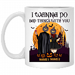 Personalized I Wanna Do Bad Things with You Halloween Couple Coffee Mug - Beer Stein - Water Bottle, White, 11 oz. White Mug