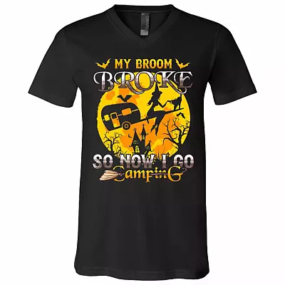 My Broom Broke So Now I Go Camping Funny Witch Halloween T-Shirt - V Neck, Black, V-Neck T-Shirt