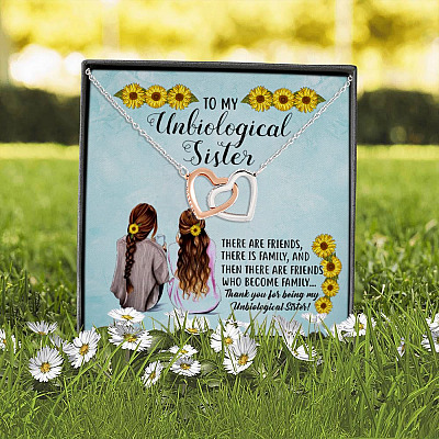 Sunflower to My Unbiological Sister There Are Friends There Is Family Interlocking Hearts Pendant Necklace