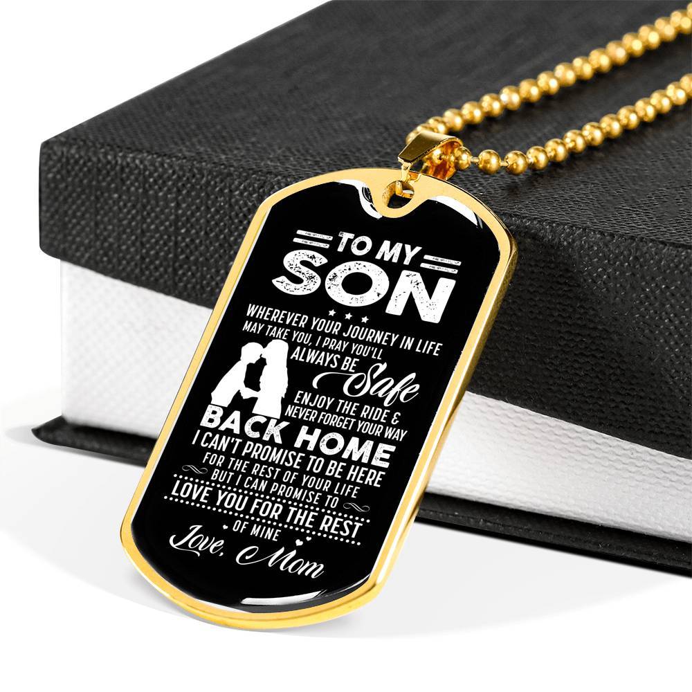 Mom to My Son Wherever Your Journey in Life May Take You I Pray You'll Always Be Safe Dog Tag Pendant Necklace - Dog Tag (Gold Plated)