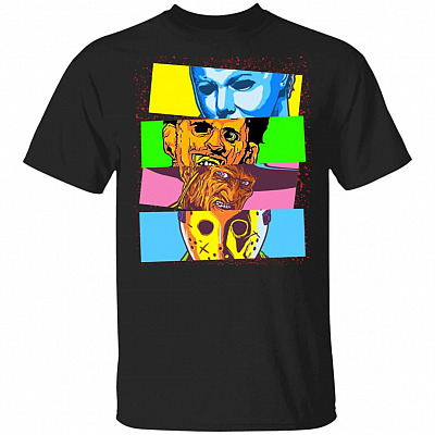 Legends Horror Movies Friends Pop Art T-shirt - Halloween Movie Characters Shirt, Black, Unisex T-Shirt