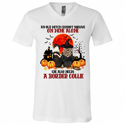 An Old Witch Cannot Survive On Wine Alone She Also Needs A Border Collie Halloween T-shirt - V-neck, White, V-Neck T-Shirt
