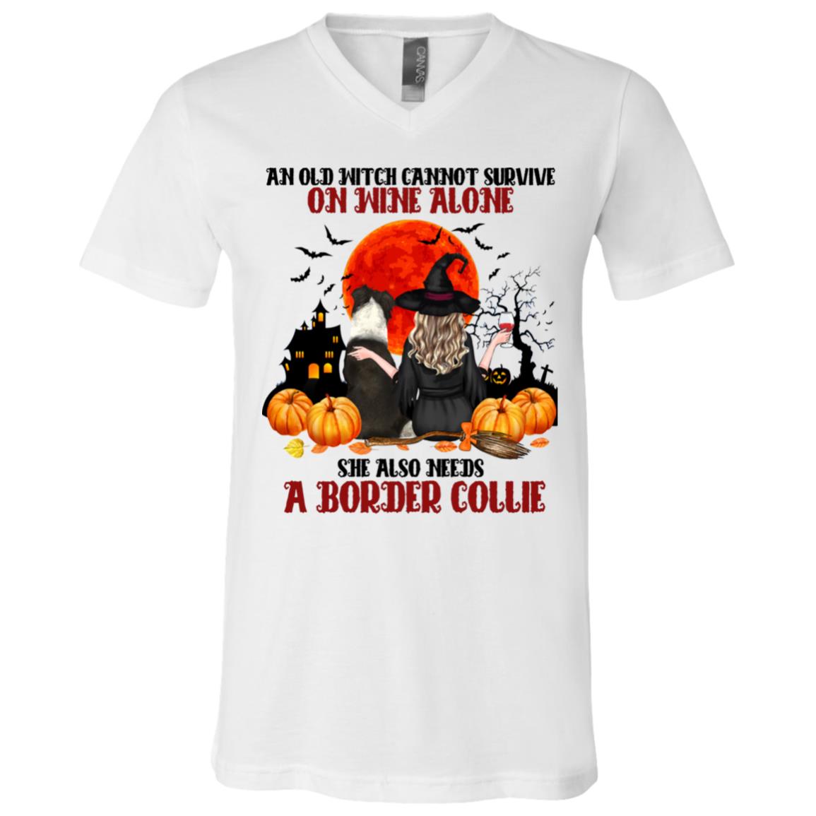 An Old Witch Cannot Survive On Wine Alone She Also Needs A Border Collie Halloween T-shirt - V-neck, White, V-Neck T-Shirt