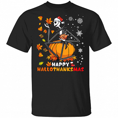 Happy Hallowthanksmas Halloween Thanksgiving Christmas Jack Skellington T-Shirt, Black, Unisex T-Shirt