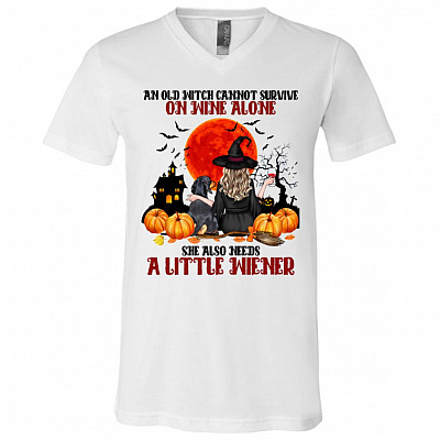 An Old Witch Cannot Survive On Wine Alone She Also Needs A Little Wiener Halloween T-shirt - V-neck, White, V-Neck T-Shirt