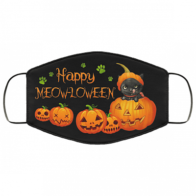 Happy Meow-lloween Funny Halloween Washable Reusable Custom - Printed Cloth Face Mask Cover, Black, Cloth Face Cover – Medium/Large