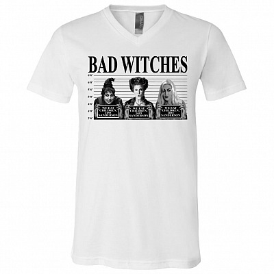 Bad Witches Sanderson Sisters Light T-shirt - V-neck - Funny Hocus Pocus Witches Halloween Shirt, White, V-Neck T-Shirt