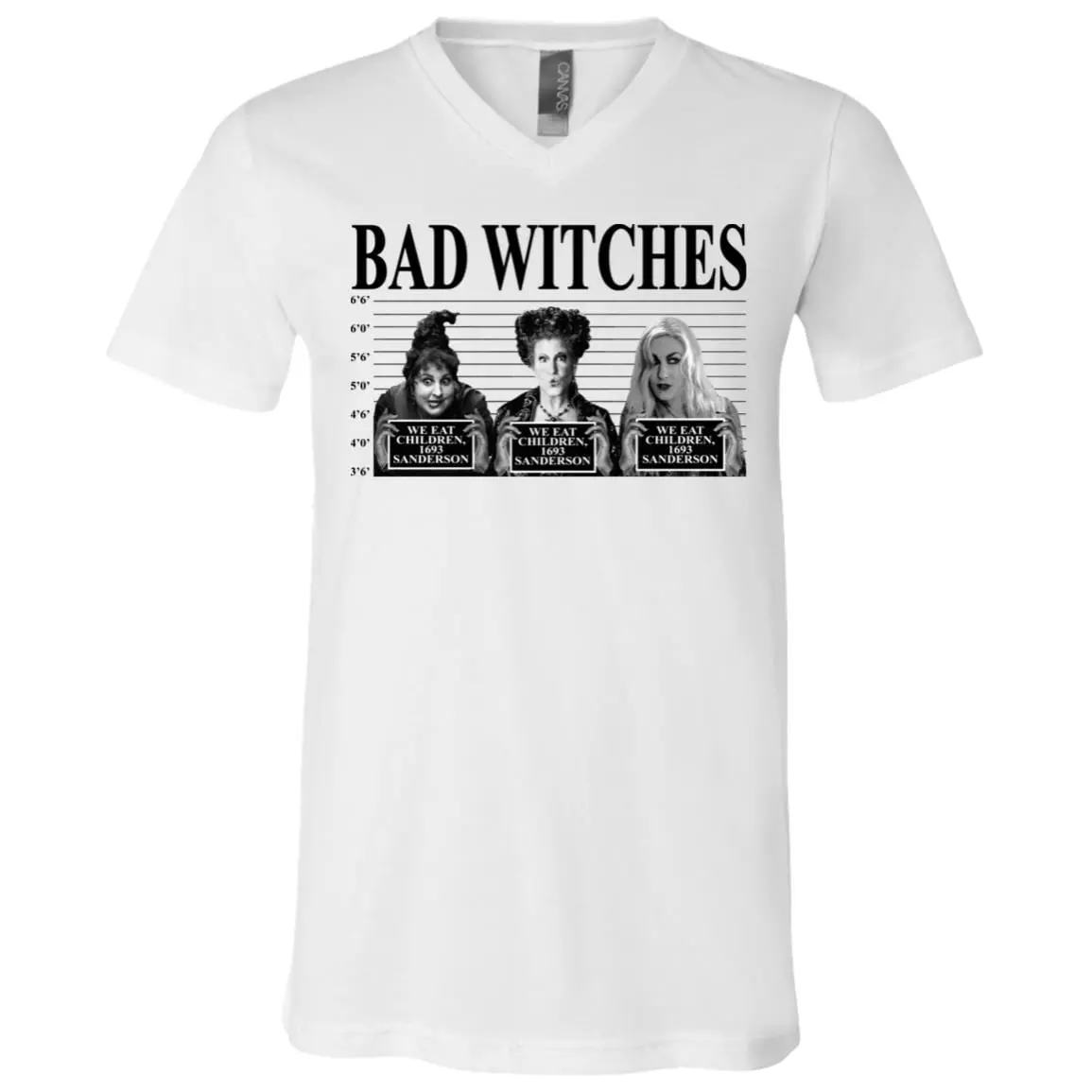 Bad Witches Sanderson Sisters Light T-shirt - V-neck - Funny Hocus Pocus Witches Halloween Shirt, White, V-Neck T-Shirt