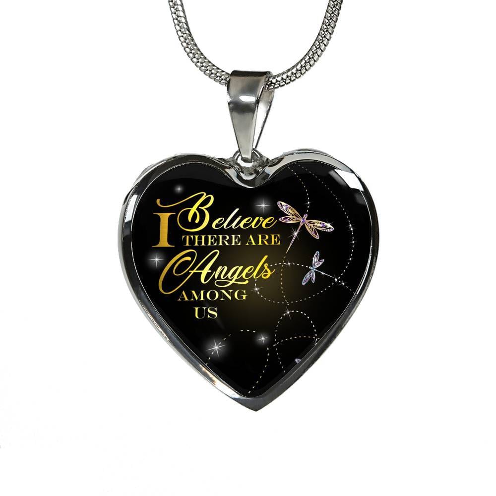 Dragonfly I Believe There Are Angels Among Us Heart Pendant Necklace - Heart Luxury Necklace (Silver)