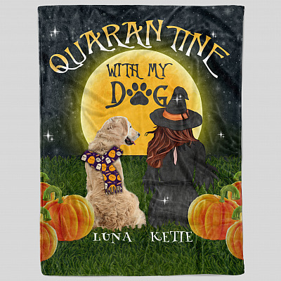 Alternative view of Personalized Quarantine with My Dog Funny Witch Halloween Fleece Blanket - Premium Sherpa Blanket