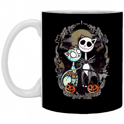 Jack and Sally Cats Pumpkin King Funny Nightmare before Christmas Ceramic Coffee Mug - Water Bottle, Black, 11 oz. White Mug