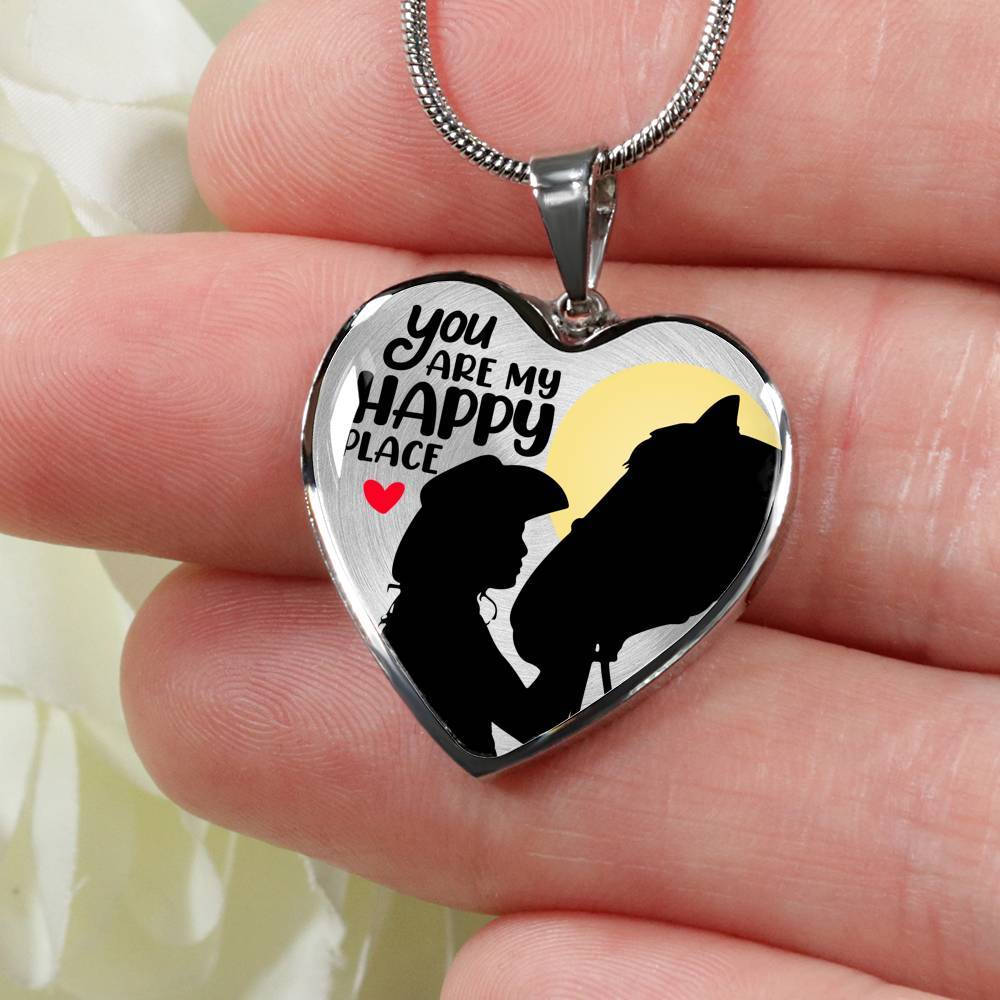 You Are My Happy Place Cowgirl Luxury Heart Pendant Necklace - Horse Lover Gifts - Heart Luxury Necklace (Silver)